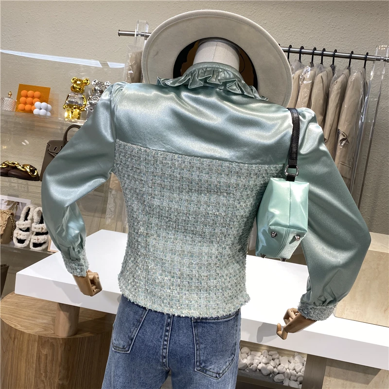 

Brand Original Design Temperament-style Socialite Wind Satin Stitching Short Shirt Gentle Bubble Sleeve False Thin Slim Top