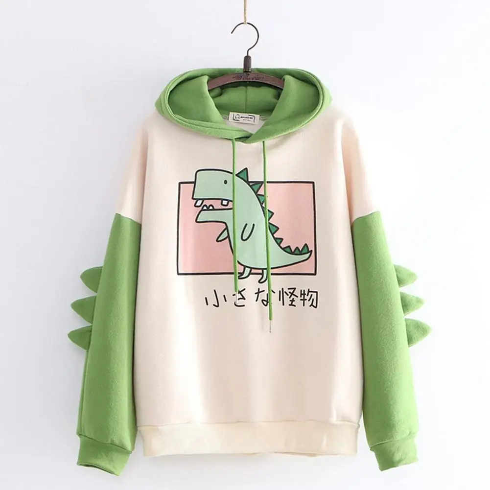 

Cute Dinosaur Cartoon Hoodie Women Fashion Sweatshirt Casual Print Long Sleeve Korean Style Splice Tops Kawaii Clothes