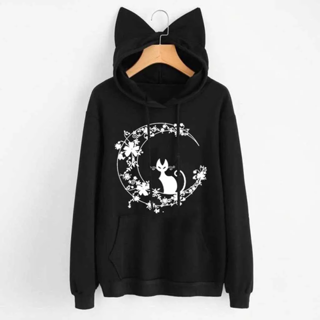 Womens Cat Long Sleeve Hoodie Cat Ear Print Sweatshirt Hooded Pullover Tops Streetwear Women Oversized Hoodies Moletom Feminino