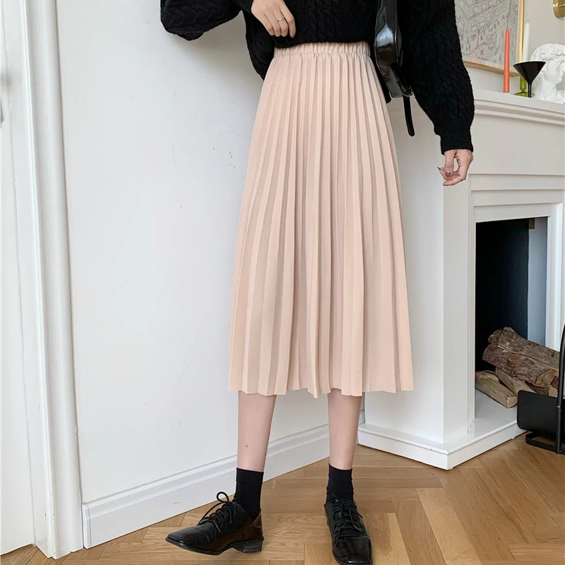 

Elastic Waist Pleated Skirt Women A-Line Casual Korean Autumn Winter Long Skirt Mid-Length Black Elegant Loose Vintage M384