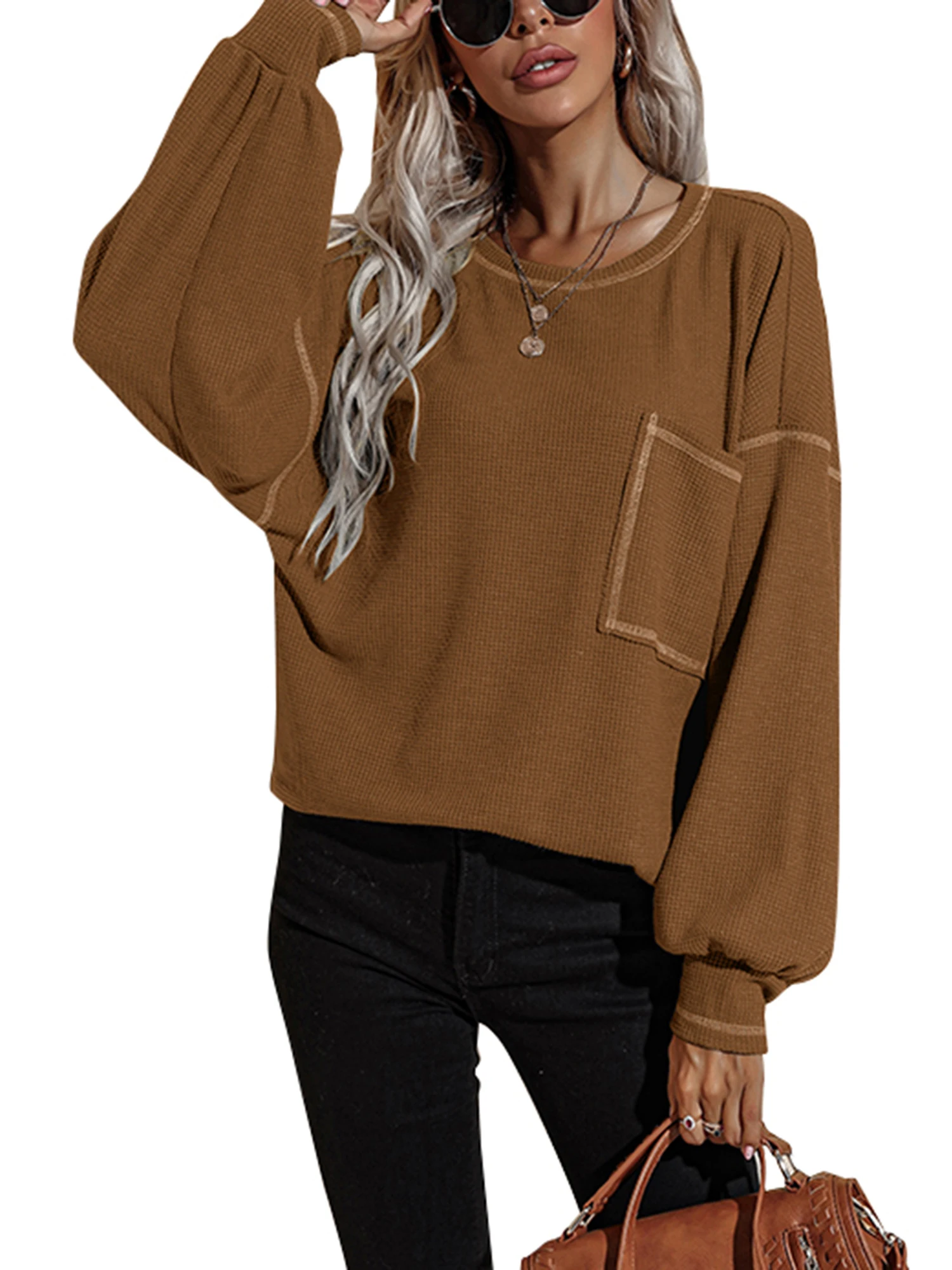 

Женский свободный пуловер с рукавами «летучая мышь» и круглым вырезом