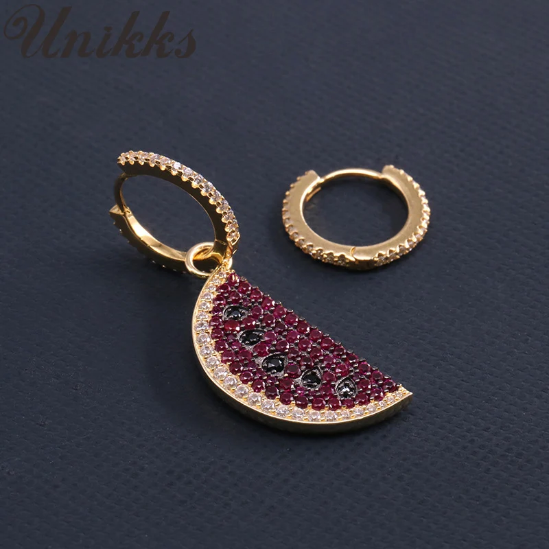 

S925 silver colored diamond asymmetric earrings watermelon earrings handmade micro diamond earrings pure silver earrings