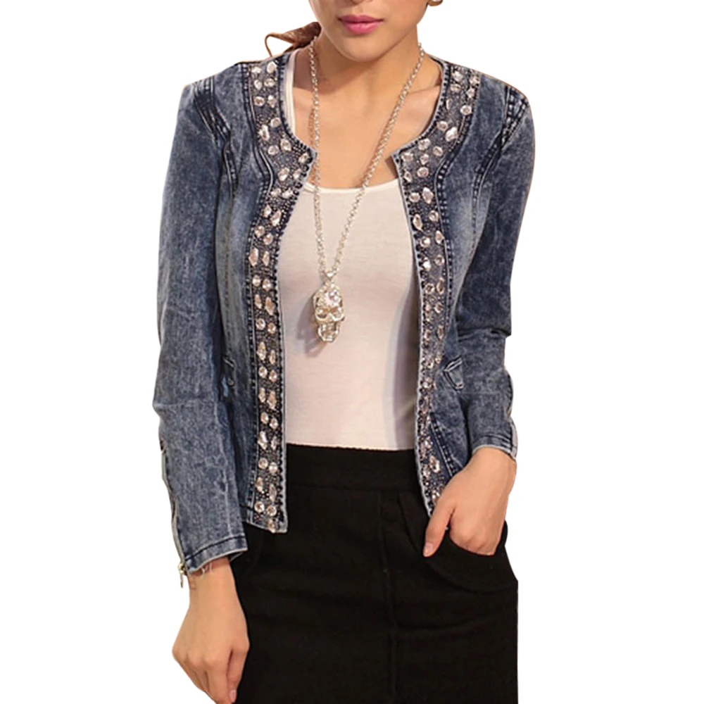 Blue OEAK женские джинсовые куртки осень Chaqueta Mujer Модная Джинсовая куртка Casaco Женская тонкая короткая верхняя одежда с кристаллами Большие размеры S-4XL - Цвет: Blue