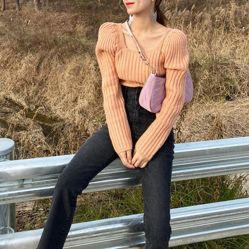 RealShe Sweater Woman Pullover 2020 Square Collar Long Puff Sleeve Solid Knitted Women Spring Casual Elegant Sweaters | Женская одежда