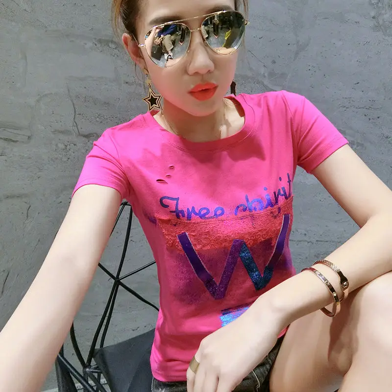 

Rose red summer new T-shirt women's Short Sleeve Cotton slim hole pink half sleeve T-shirt