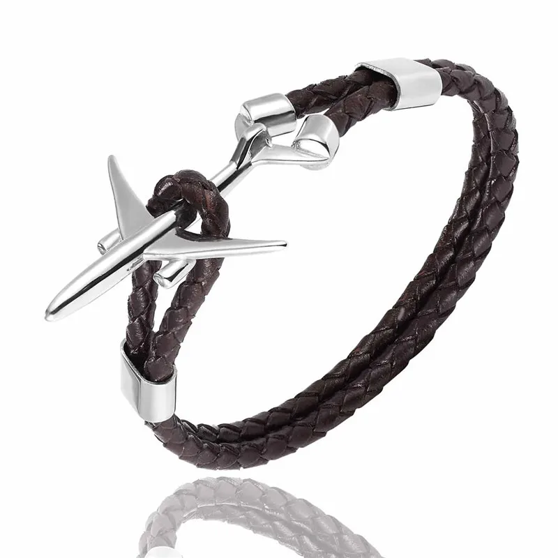 Silver Retro MKENDN Hot Sale Stainless Steel Airplane Anchor Bracelets Men Women Genuine Multilayer Leather Bracelet Freestyle Homme Jewelry - Окраска металла: Silver Retro