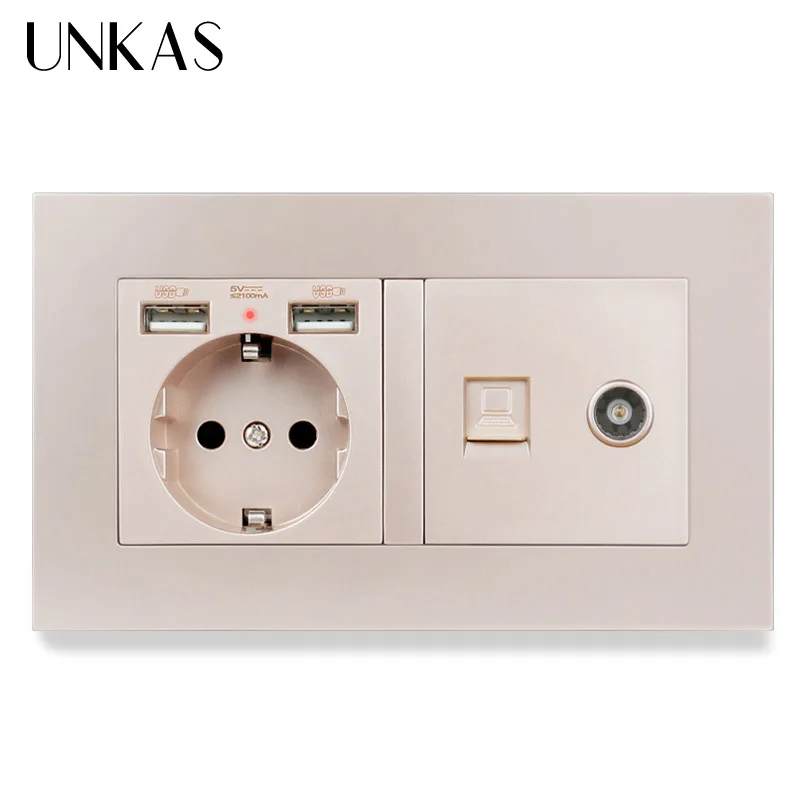 Электрическая розетка UNKAS пластиковая европейского стандарта с двумя USB-портами