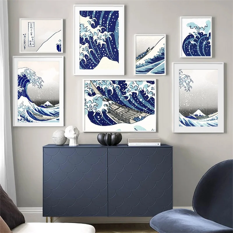 

Japanese Style Ocean Waves Canvas Painting Surfing Boat Mountain Wall Art Retro Posters and Prints Picture for Living Room Decor