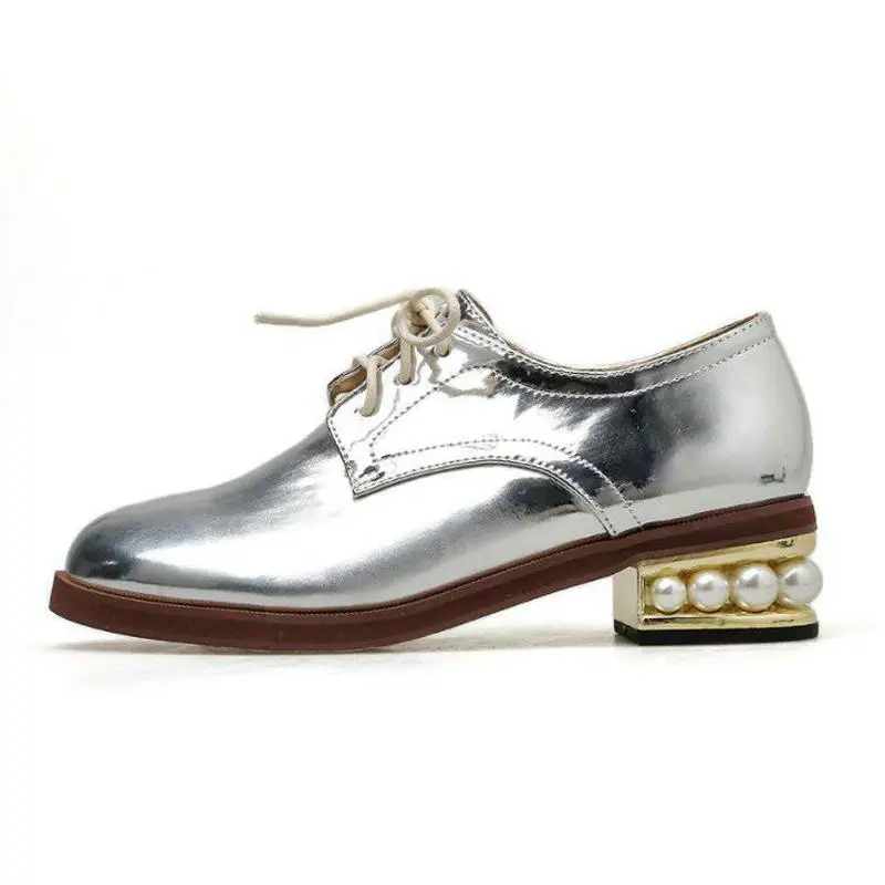 Gold Silver Women Shoes Vintage British Wind Round Head Lace-up Pearl Thick Heel Patent Leather Women's Single Shoes