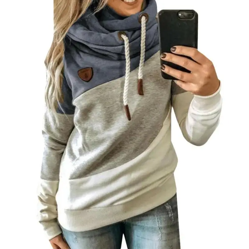 

Women Colorblock Drawstring Hoodie Autumn Winter Hooded Casual Loose Sweater