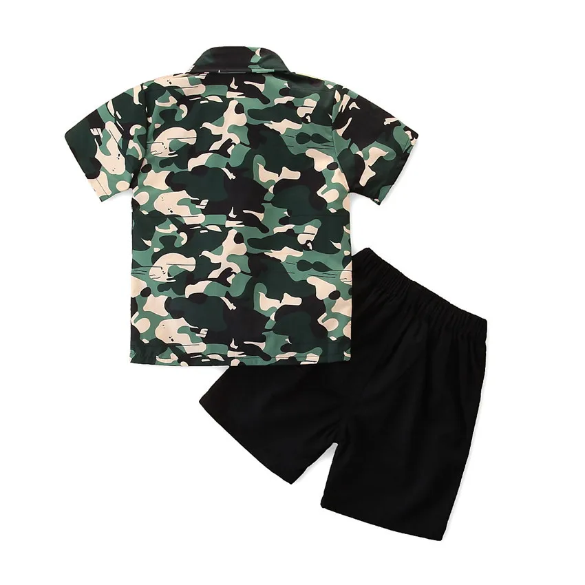 

New Summer Gentleman Camouflage Suit Short Sleeve Bow Tie Shirt and Shorts 2-piece Set Children Clothing Kids Clothes