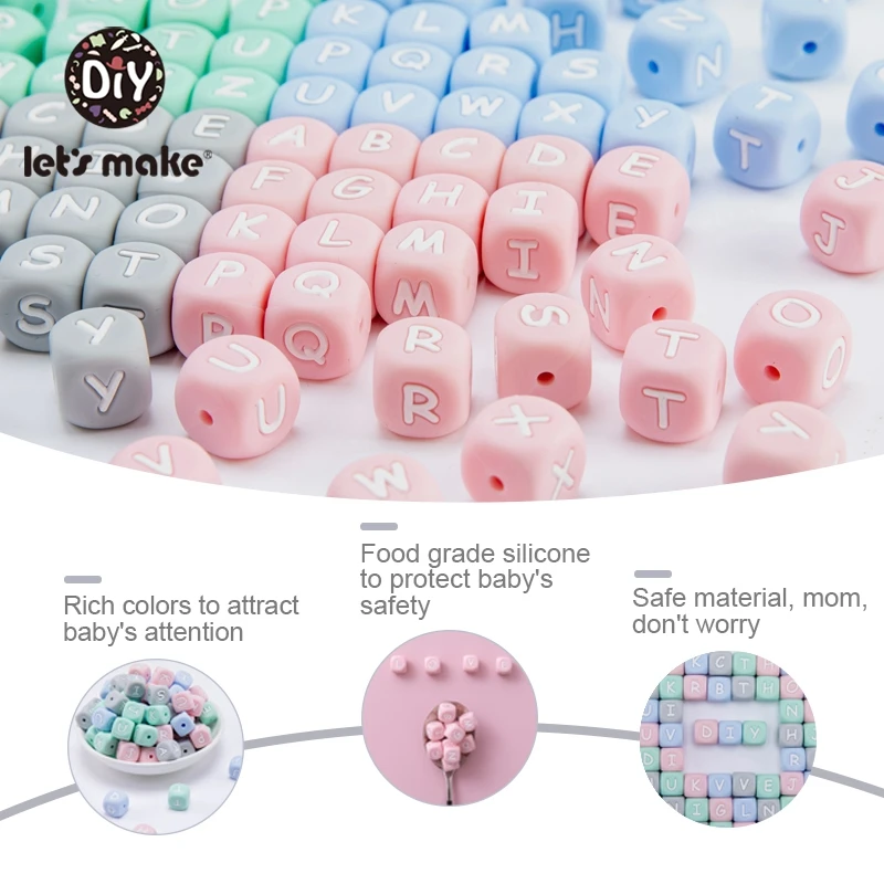 Let's Make-Cuentas de letras de silicona rosa, cuentas de letras de silicona de grado alimenticio, collar para mascar, juguetes de dentici&oacute;n para beb&eacute;s, abalorios DIY, 10 Uds.-5