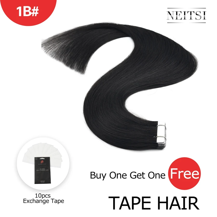 # 1B Neitsi Machine Made Remy Tape In Human Hair Extensions 20" Double Side Tape Straight Ombre Skin Weft Hair+ Free Exchange Tapes - Цвет: # 1B
