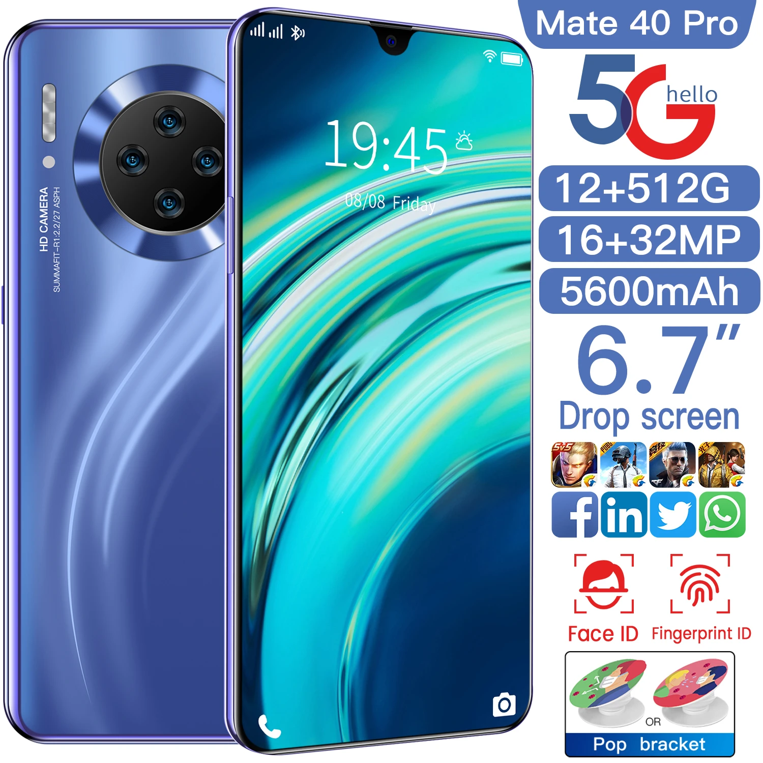 

Mate40 Pro 6.7 Inch Drop Screen 12+512GB Dual SIM+Micro SD 5600mAh Fingerprint Unlock 5G LTE Bands Andriod Smart Phone Celular