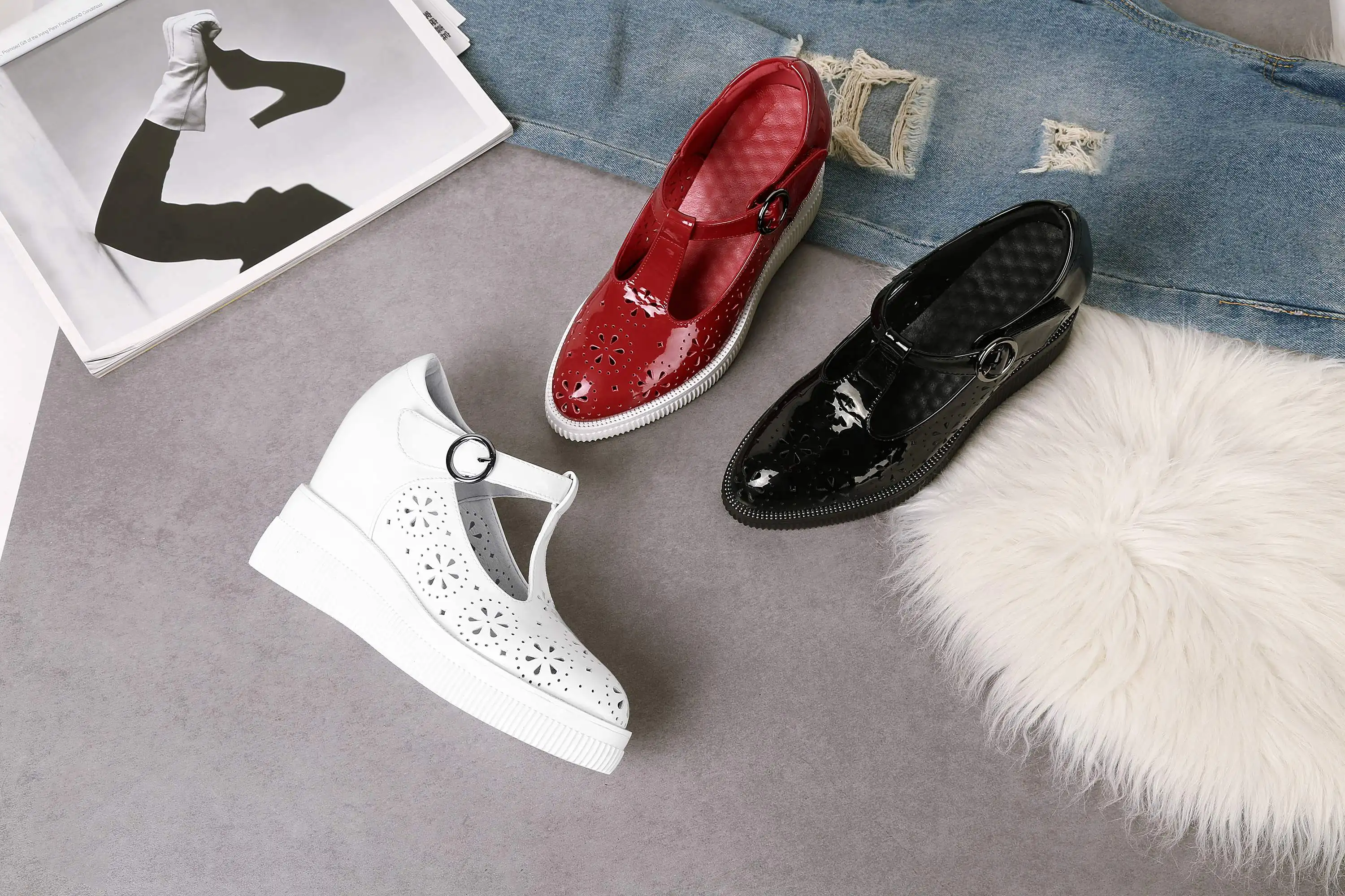 

lenkisen genuine leather round toe super high heels thick bottom hollow out flowers daily wear buckle straps women pumps L58