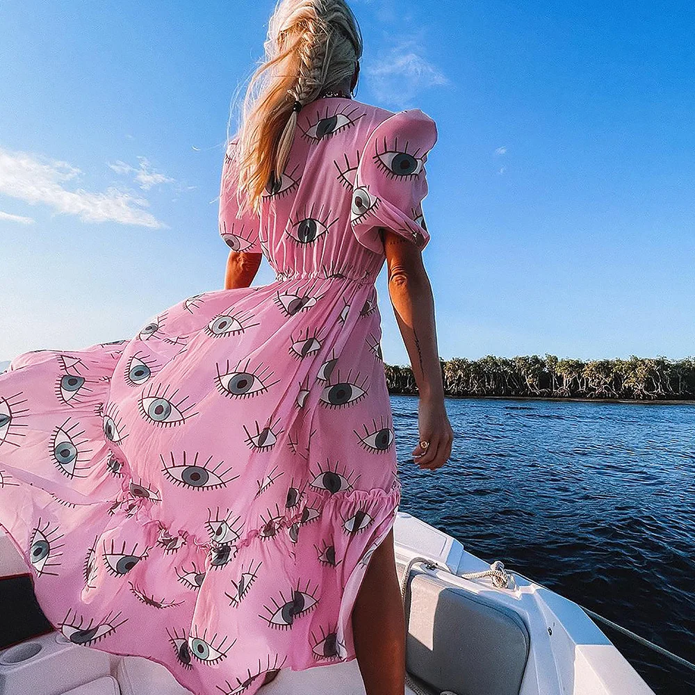 

Pink Eyes Bikini Beach Cover up Tunics for Beach Long Kaftan Bikini Cover up Robe de Plage Sarong Beach Swimsuit cover-ups