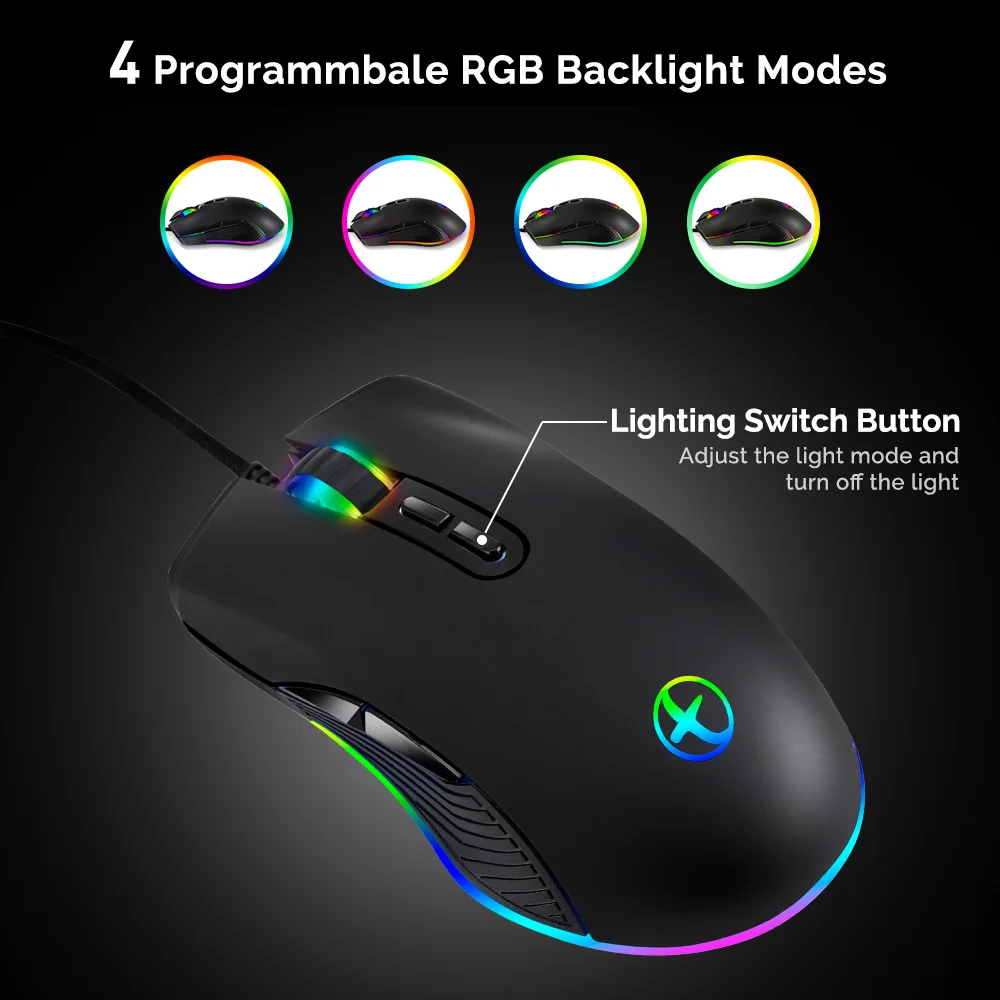 Проводная игровая мышь RGB с 7 программируемыми кнопками до 3200 dpi USB Проводная компьютерная мышь с RGB светом