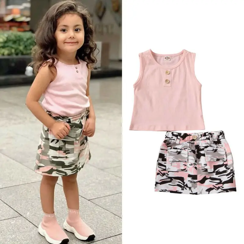 

2Pcs Toddler Baby Girl Clothes Summer Sleeveless Tops Camouflage Print Mini Skirt Outfits Casual Clothes