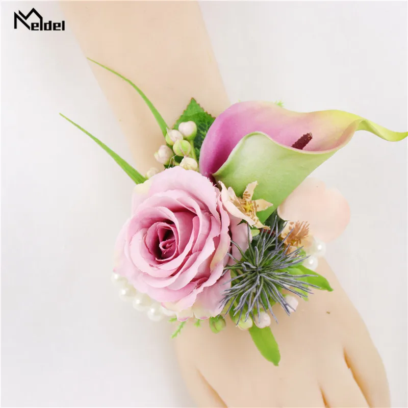 Meldel Silk Rose Calla Wedding Corsages and Groom Boutonnieres Bridesmaids Wrist Bracelets Marriage Party Prom Men Suit Flowers |
