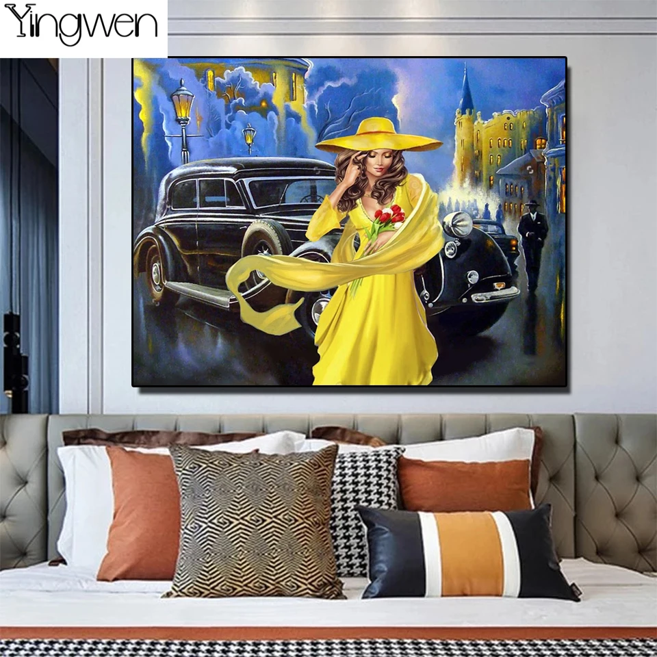 

5d Diy Korean Decor Diamond Painting Woman Car Cross Stitch Kits Yellow Dress Full Diamond Embroidery 3D Home Decoration Sticker