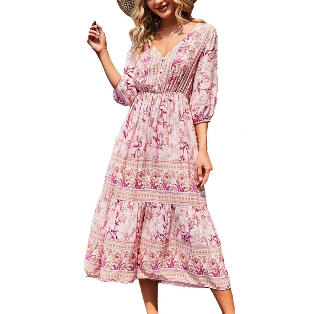 

Summer Women Boho Dress 2021 Sexy V Neck Short Sleeve Beach Sundress Casual Print Waist Tied Long Dress Vintage Party Dresses