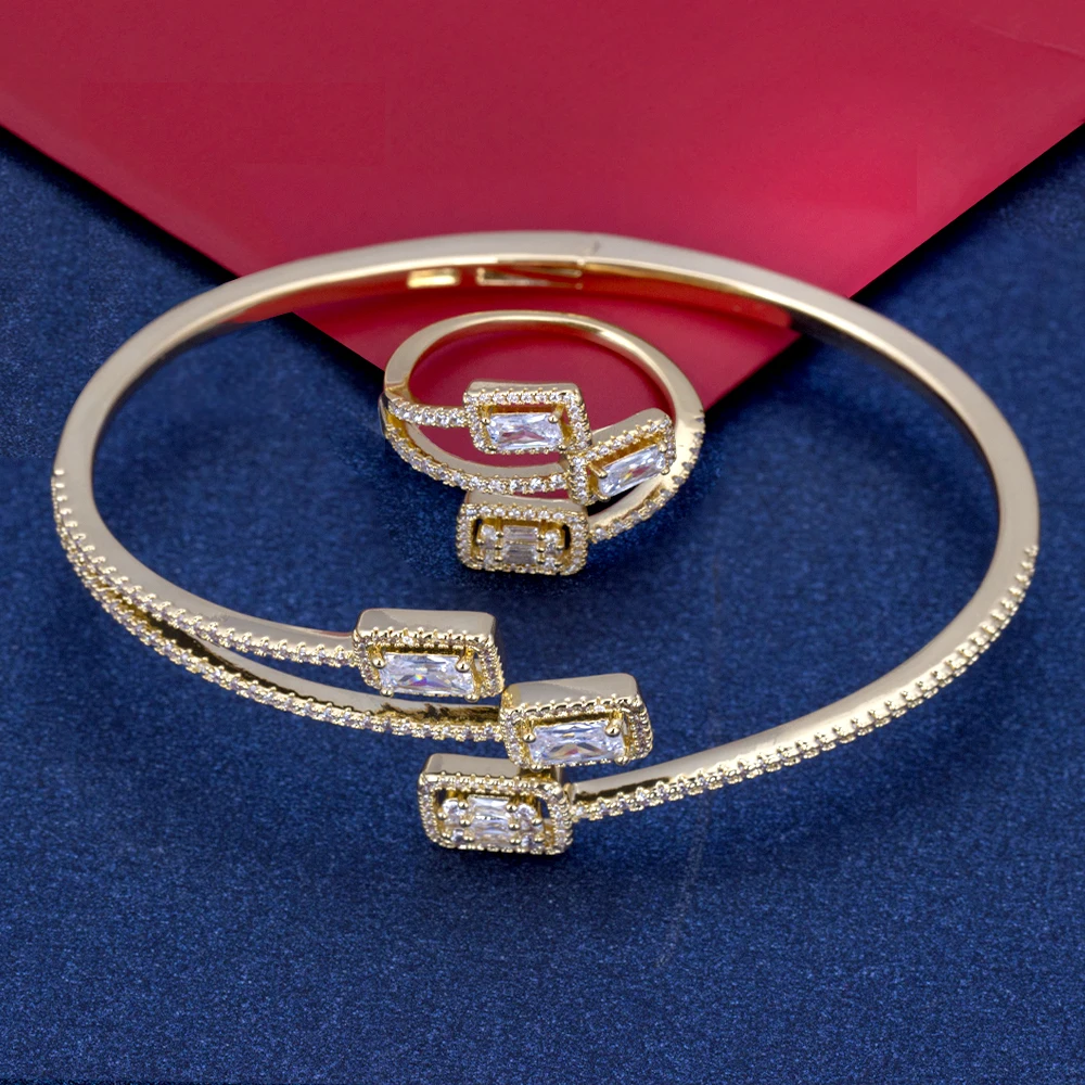 

Luxury Unique Dubai Bracelet Bangle Ring Sets For Women Wedding Cubic Zircon Crystal CZ Dubai Bridal Jewelry Sets