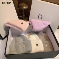 uspop new womens hats winter thick warm knitted hats solid color letter m soft rabbit hair skullies beanies