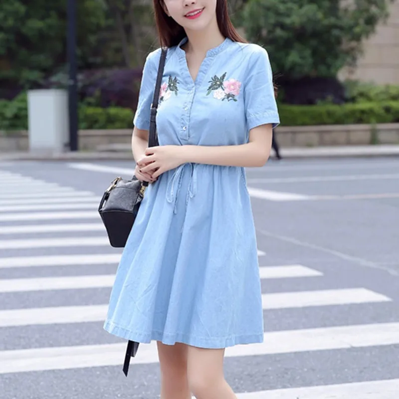 Летние джинсовые платья UHYTGF женская одежда короткие рукава с цветочной вышивкой