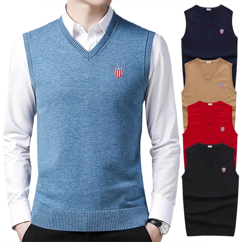 

2021 Men Knitting Sweater Vest Solid Color 100% Cotton High Quality Sweaters Sleeveless Pullover V-Neck Slim Waistcoat Hombre