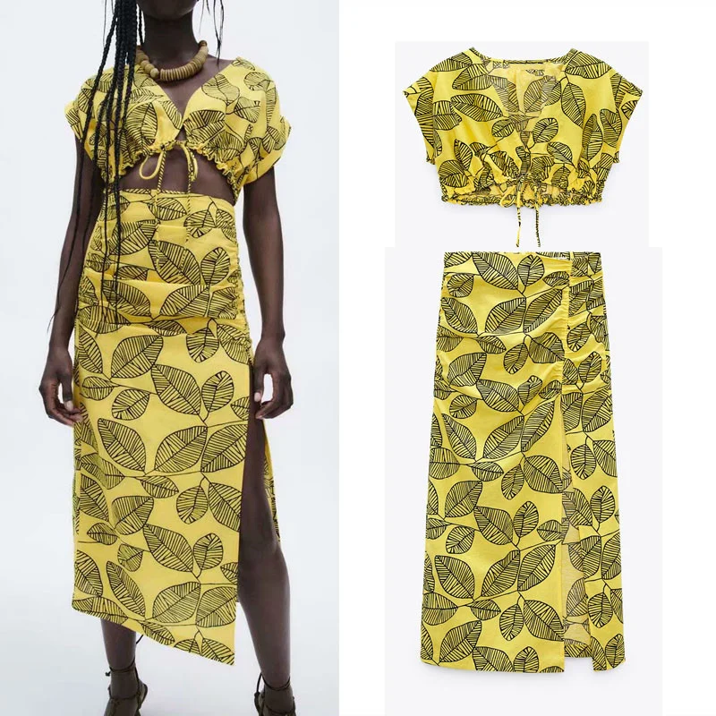 

FAKUNTN Yellow Print Midi Skirts Women za 2021 Fashion High Waist Front Elastic Ruching Skirt Vintage Slit Hem Woman Dress Suits