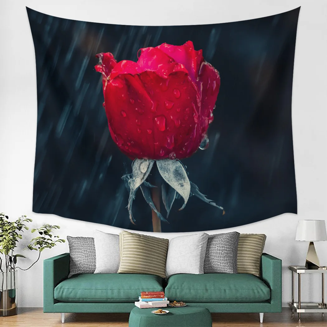 

Red Rose In The Rain Wall Tapestry Home Decoration Wall Hanging for Bedroom Living Room