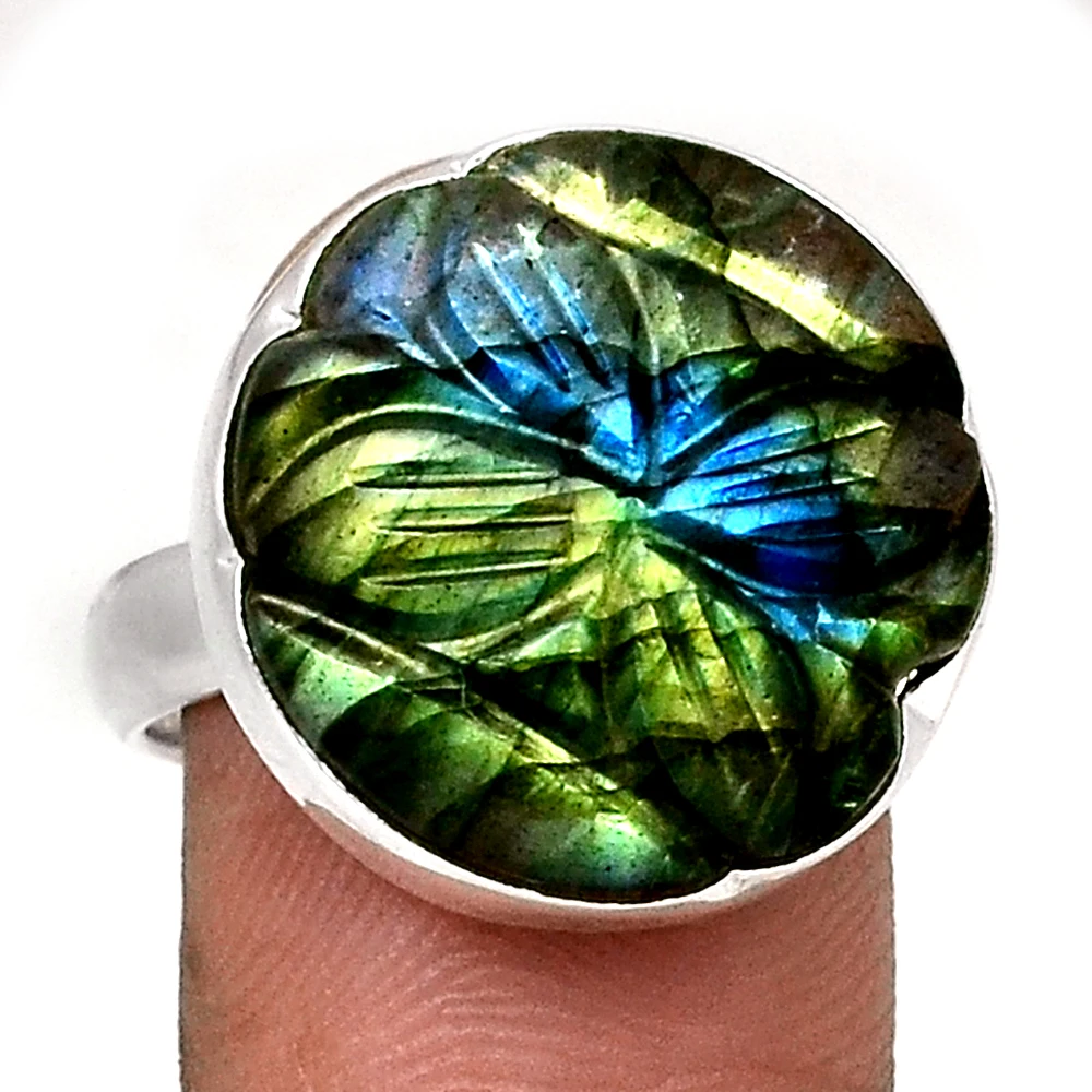 Подлинное резное кольцо Лабрадорита серебро США размер: 8 25 AR4319|Кольца| |