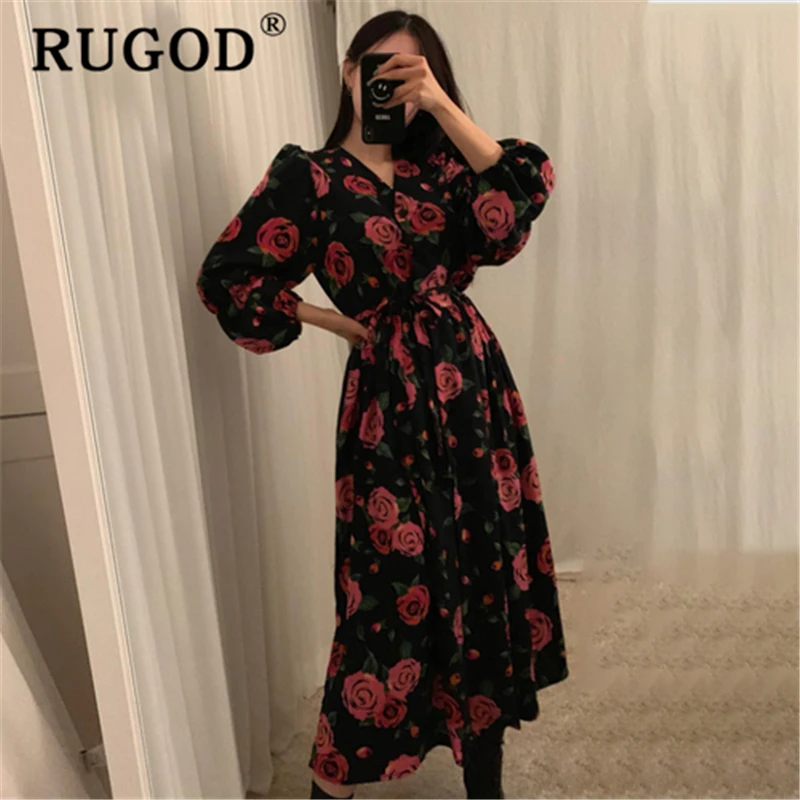 Женское платье с цветочным принтом RUGOD длинное винтажное однобортное на шнуровке