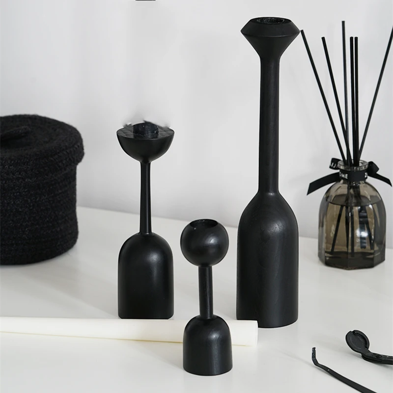 

Photography Props Black Solid Wood Candle Holder Nordic Minimalist Style Decorative Model Creative Art Ornaments Wedding Decor
