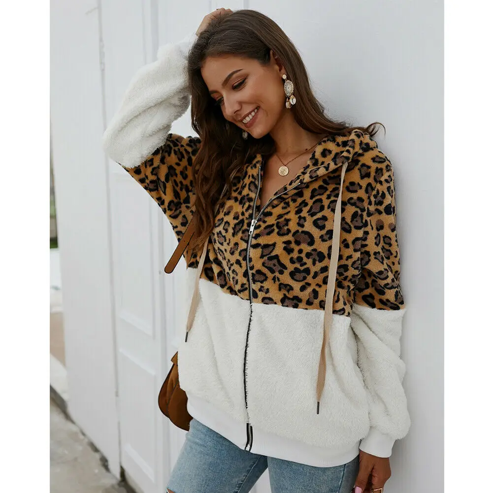 

Jacket Women Coat Leopard Printed Fleece Winter Warm Hooded Zipper Casual Long Sleeve Outwear Overcoat