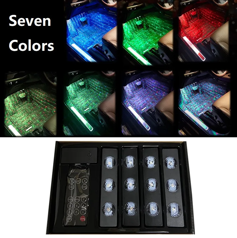 

4pcs LED Car Foot Light Ambient Lamp With USB Wireless Remote Music Control Multiple Modes Automotive Interior Decorative Lights