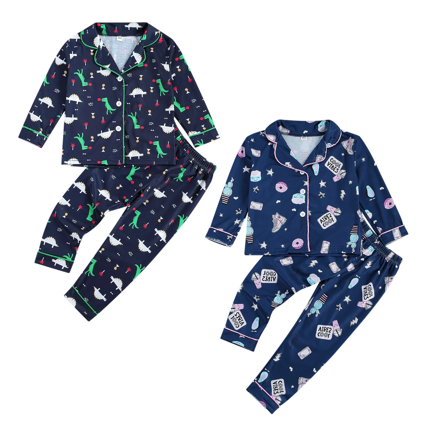 

2020 1-7Y Children Boys Autumn Pajama Sets Cartoon Dinosaur Print Blue Button Fly Top+Pants 2pcs Soft Sleepwear Home Set