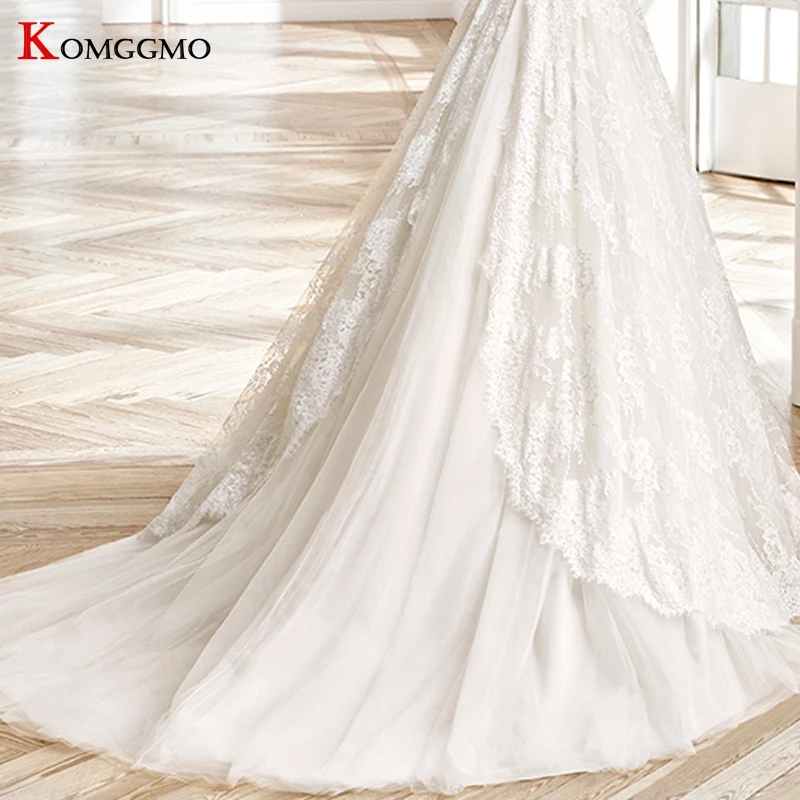 

Luxury O-Neck Embroidery Appliques Tulle Court Train Wedding Dress Custom Made Button Back Full Sleeve Lace Bridal Ball Gown