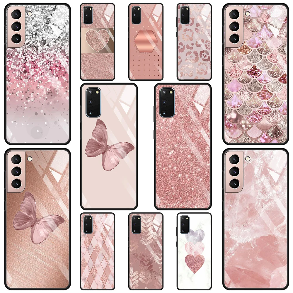 

Glass Case For Samsung S20 FE S21 FE S21 S20 Ultra Coque For Galaxy S21 S20 S10 S9 Plus S10e Shell Gold Pink Rose Glitter Hearts