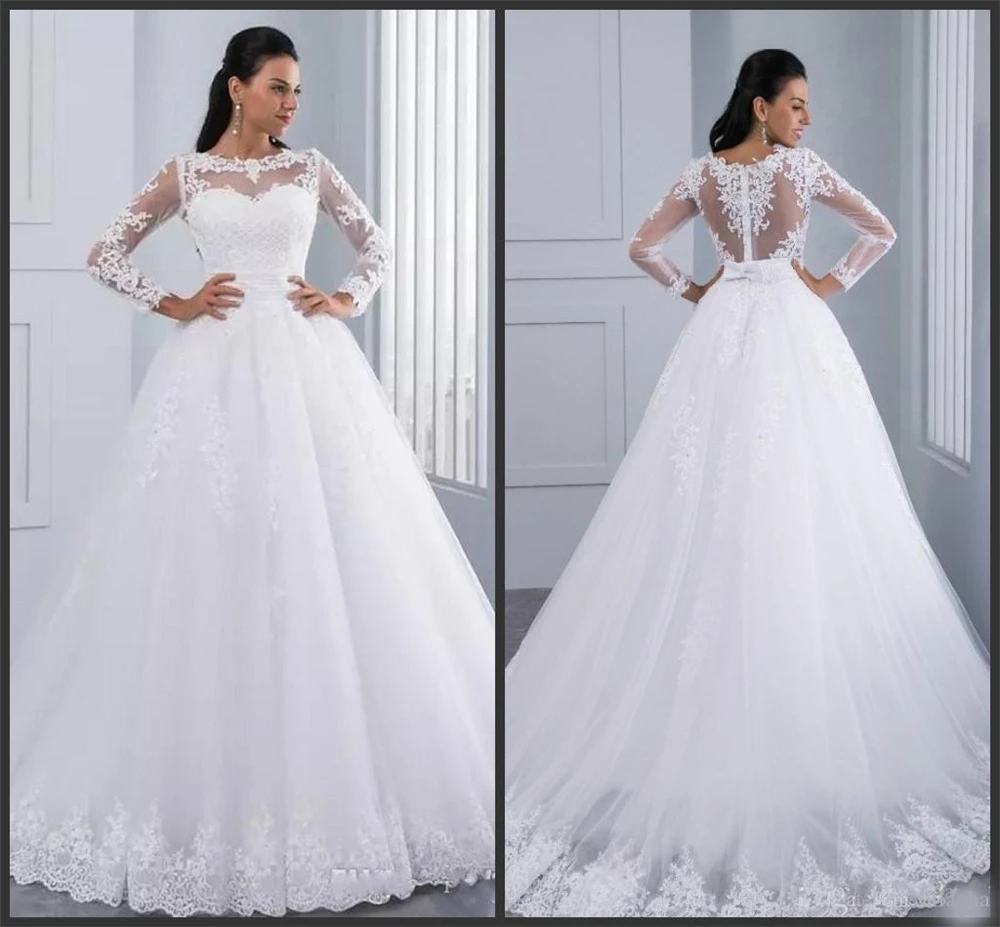 

robe de mariee 2023 Elegant White A-Line Ball Gown Wedding Dresses New Illusion Bodice Lace Appliques Pearls Bridal Gowns