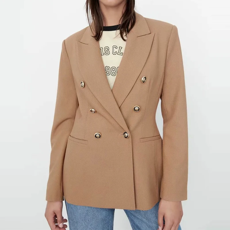 

Za Women Fashion High Quality Khaki Blazer Coat Vintage Double Breasted Long Sleeve Female Outerwear Chic Tops CD8242