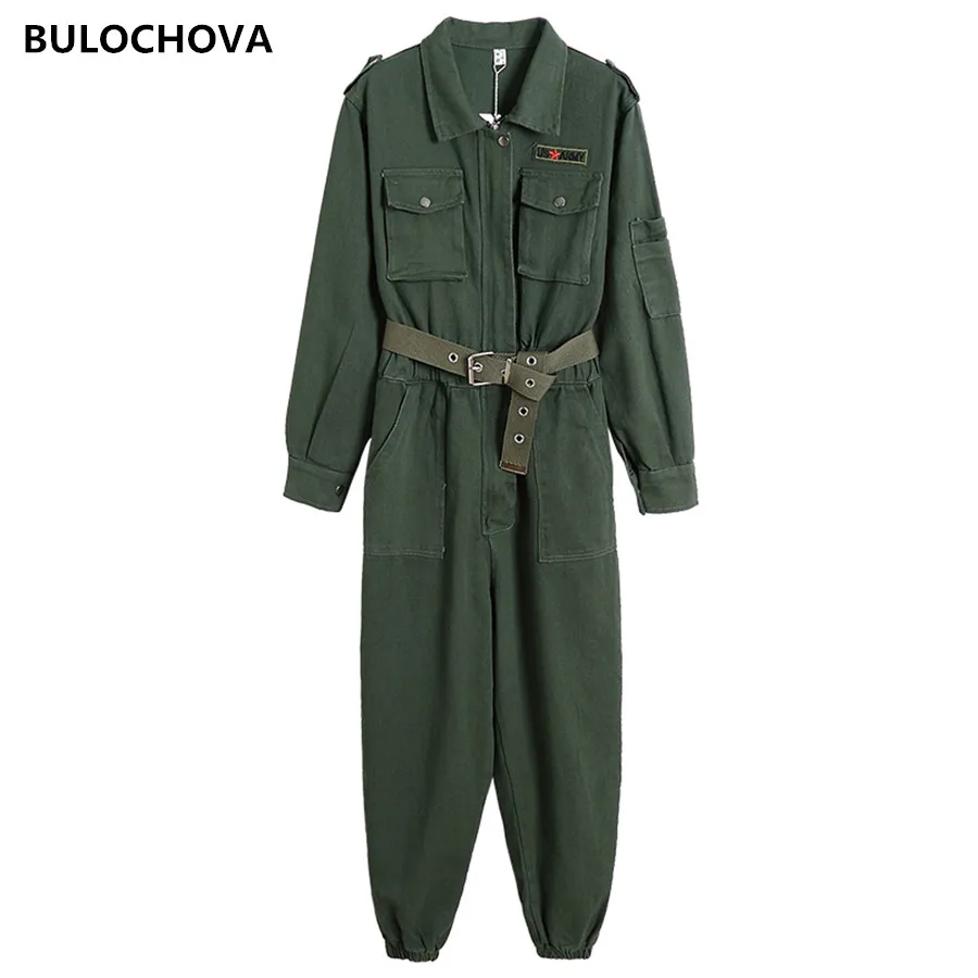 Женский комбинезон с поясом модельный зеленый в винтажном стиле сафари длинным