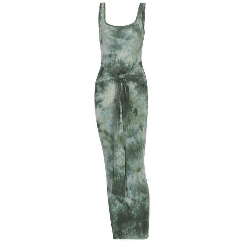 

In Europe and the United States selling tie-dye sleeveless condole belt dress fashion show thin waist with MIDI