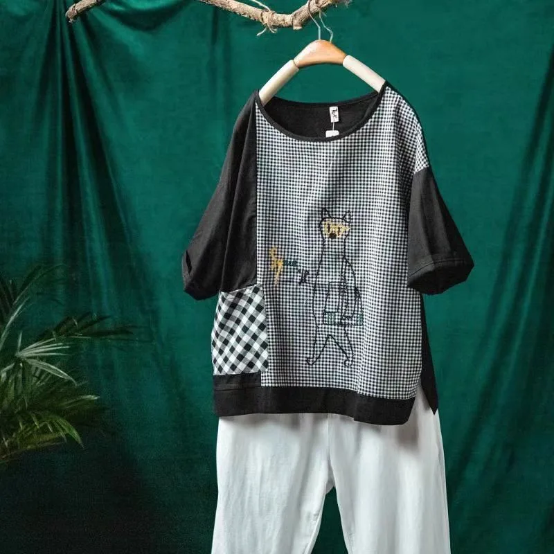 

2021 New Summer Korean Style Women Loose Casual Short Sleeve O-neck T Shirt Pocket Patchwork Plaid Print Embroidery T-shirt W382