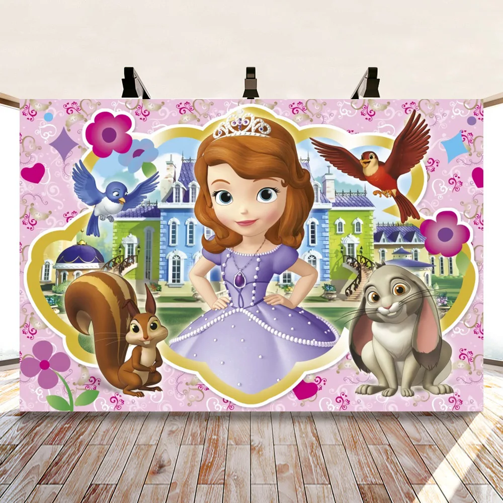 

Little Princess In Purple Dress Cartoon Backdrop Rabbit Sofia Castle Girl Birthday Party Decoration Cake Photo Background Poster