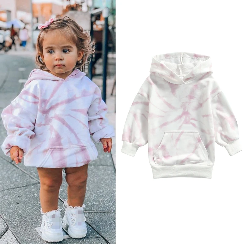

1-5Y Fashion Kids Girls Autumn Hoodies Dress Tie-Dye Printed Long Sleeve Pullover Big Pocket Outwear