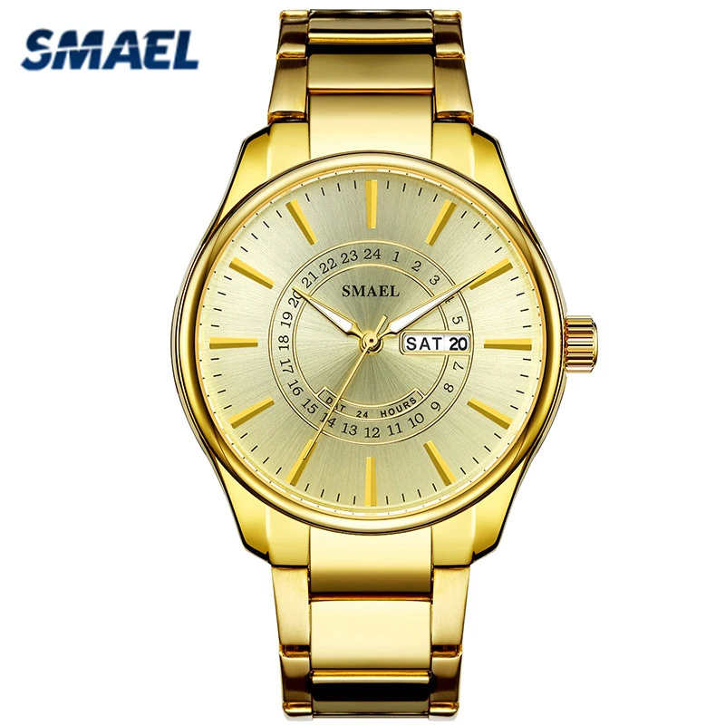 

SMAEL Men's Fashion Quartz Wrist Watches Business Gold Coloe Metal Life Waterproof Analog Watch Men Clock 2021 New Watches