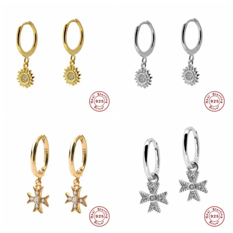 Женские серьги гвоздики с подвеской в виде подсолнуха из 100% стерлингового