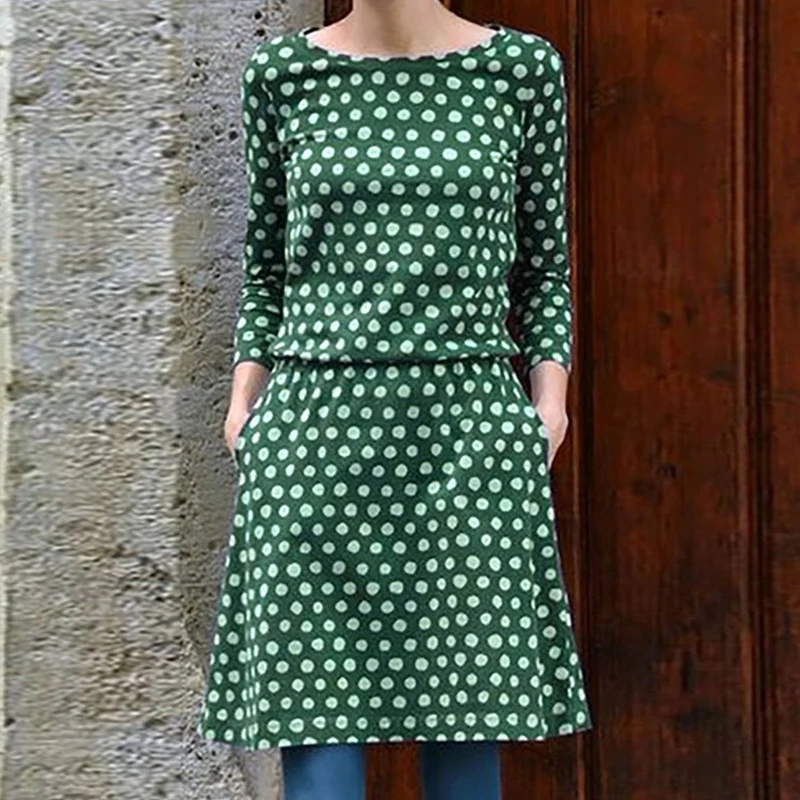

Women Elegant O-Neck Long Sleeve Dress 2021 Spring Vintage Polka Dot Print Party Dresses New Autumn Pocket Dress Female Vestidos