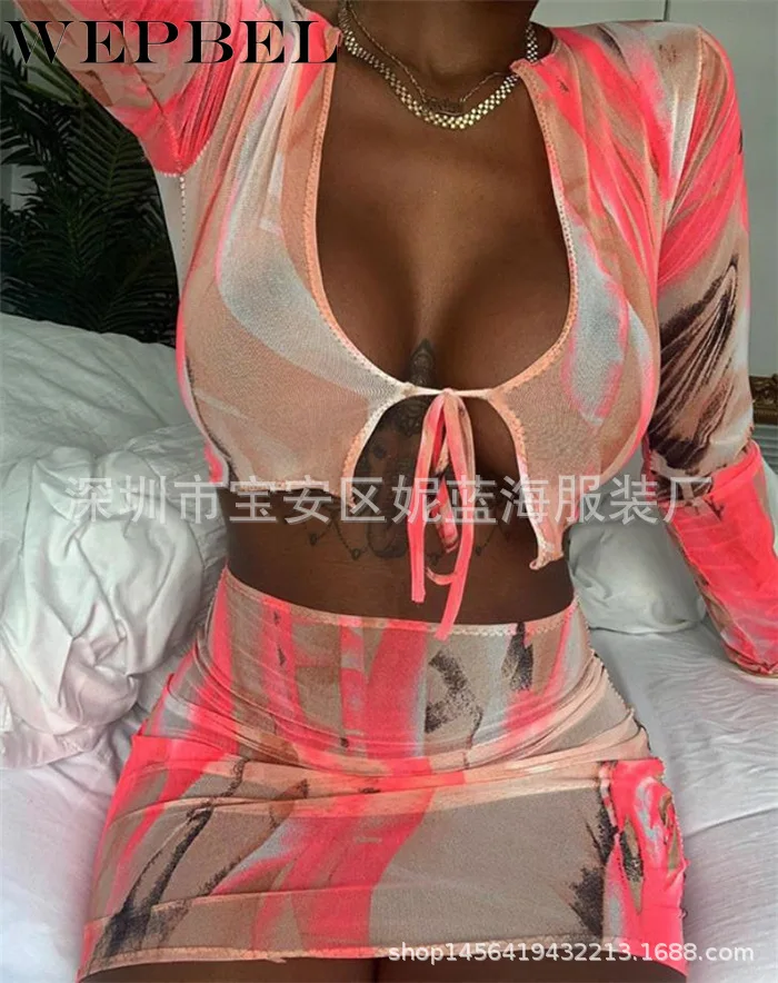 

WEPBEL Sexy 2 Piece Set for Women Front Tie Long Sleeve Print Crop Top Lace Up High Waist Bodycon Mini Skirt Club Suits